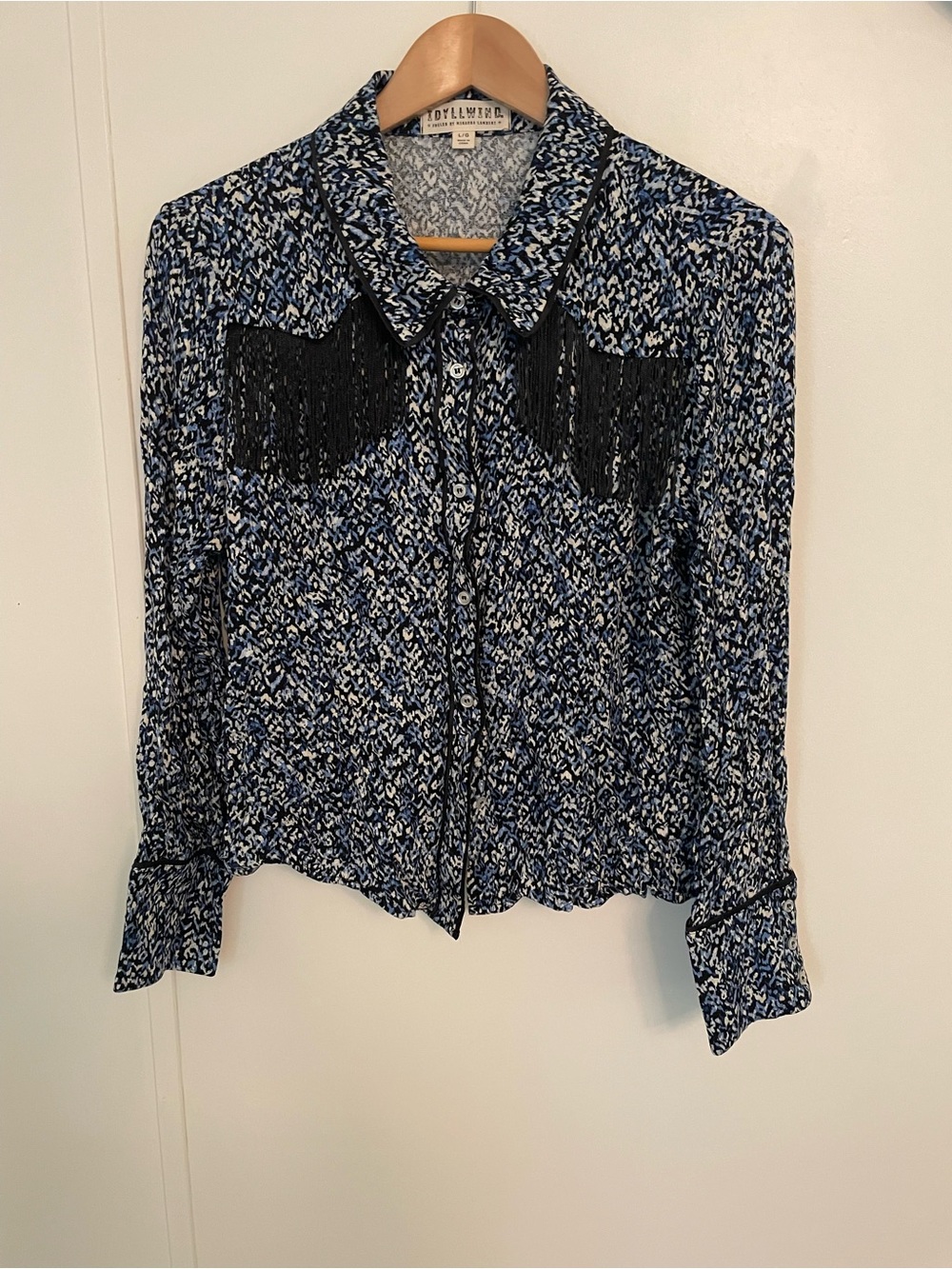 Idyllwind  Western Blue Patterned Fringe Button-Up Blouse Size L